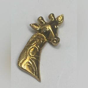 Vintage 1980s Giraffe Brooch, with Brushed Gold-Tone, Clear Rhinestone